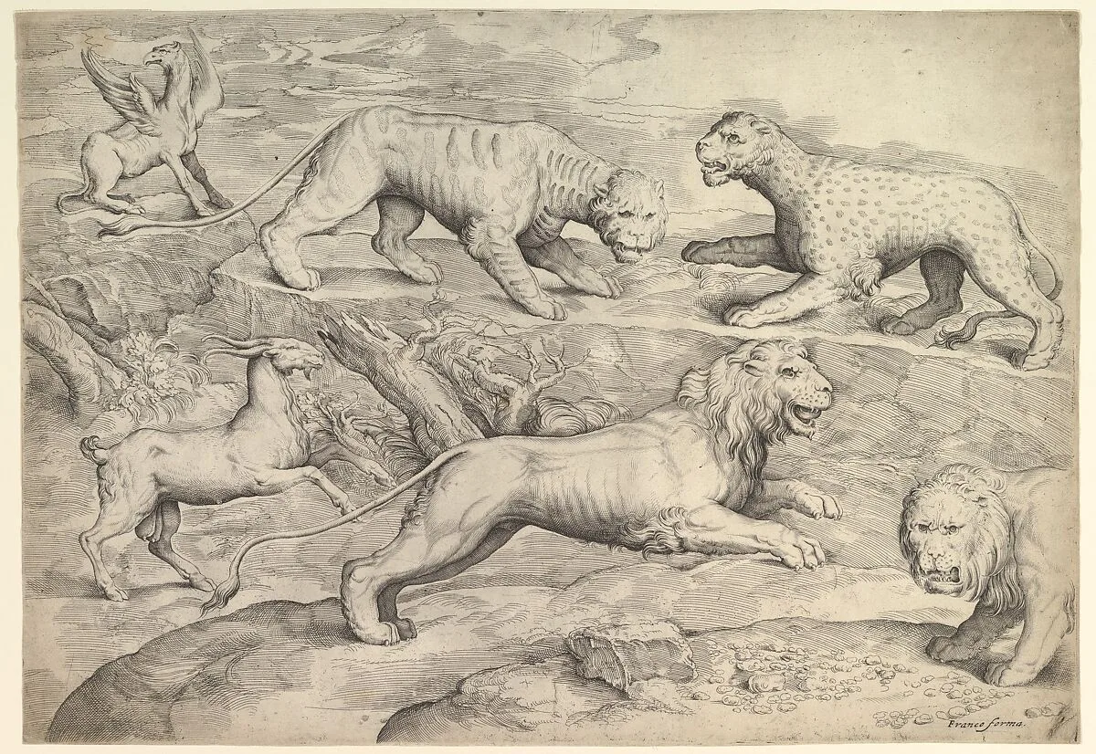 Six Animals, including lions, a tiger, a leopard, a griffin, and a goat — Battista Franco