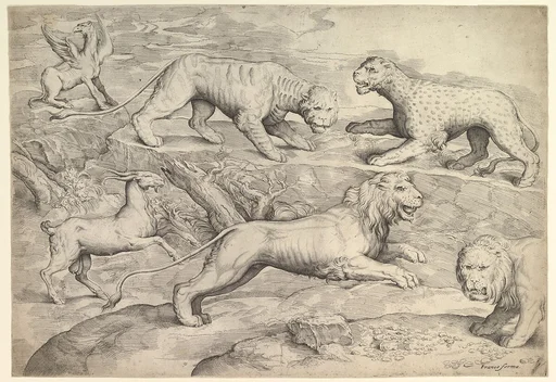 Six Animals, including lions, a tiger, a leopard, a griffin, and a goat