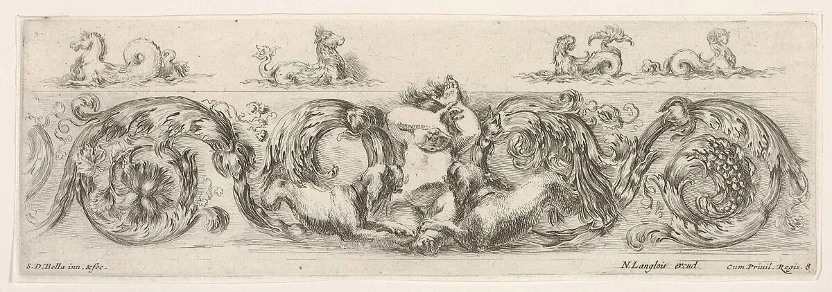 Design for a Frieze with Acanthus Scrolls and a Child flanked by Dogs in the Center, Plate 8 from: 'Decorative friezes and foliage' (Ornamenti di fregi e fogliami) — Stefano della Bella|Nicolas Langlois