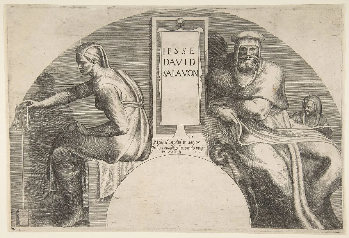 The ancestors of Christ flanking an inscribed tablet, an arched top composition — Giulio Bonasone|Michelangelo Buonarroti