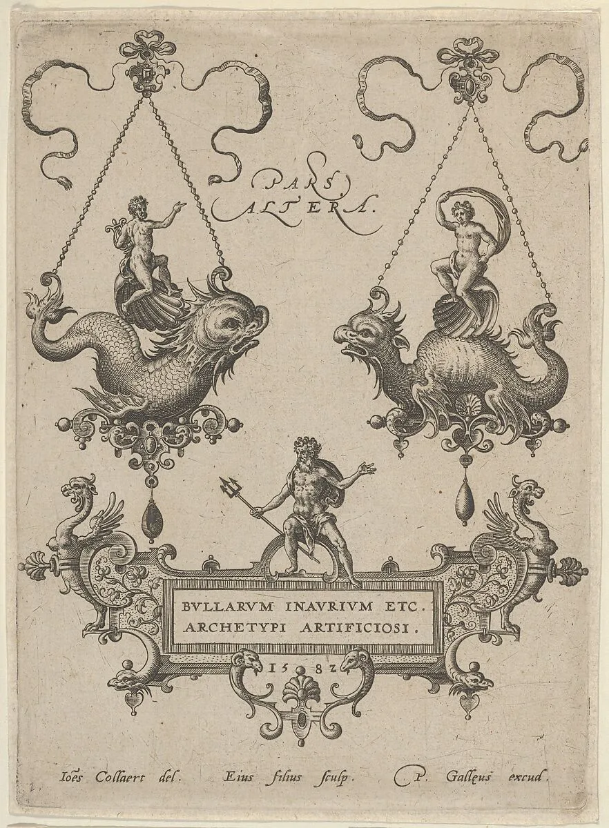 Title Plate with Two Pendant Designs Above and Neptune Standing on a Cartouche Below — Jan Collaert I|Philips Galle|Adriaen Collaert