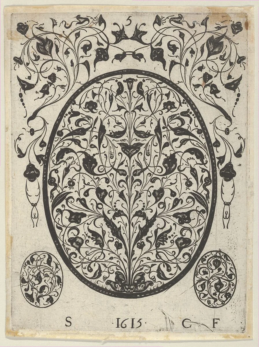 Blackwork Print with Foliate Scrolls in an Oval at Center, from a Series of Blackwork Prints for Goldsmiths' Work — Etienne Carteron