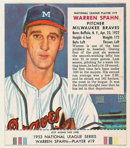 Warren Spahn, from the Red Man All-Star Team series (T233), issued by Red Man Chewing Tobacco — Red Man Chewing Tobacco