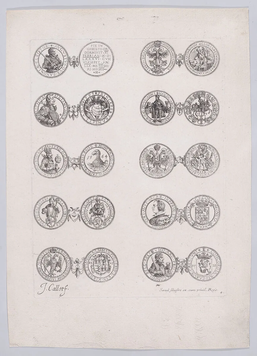 4th Plate, Featuring 10 Coins Issued by European Princes in the 16th and 17th centuries, from Les Monnaies (The Currencies) — Jacques Callot|Israel Silvestre