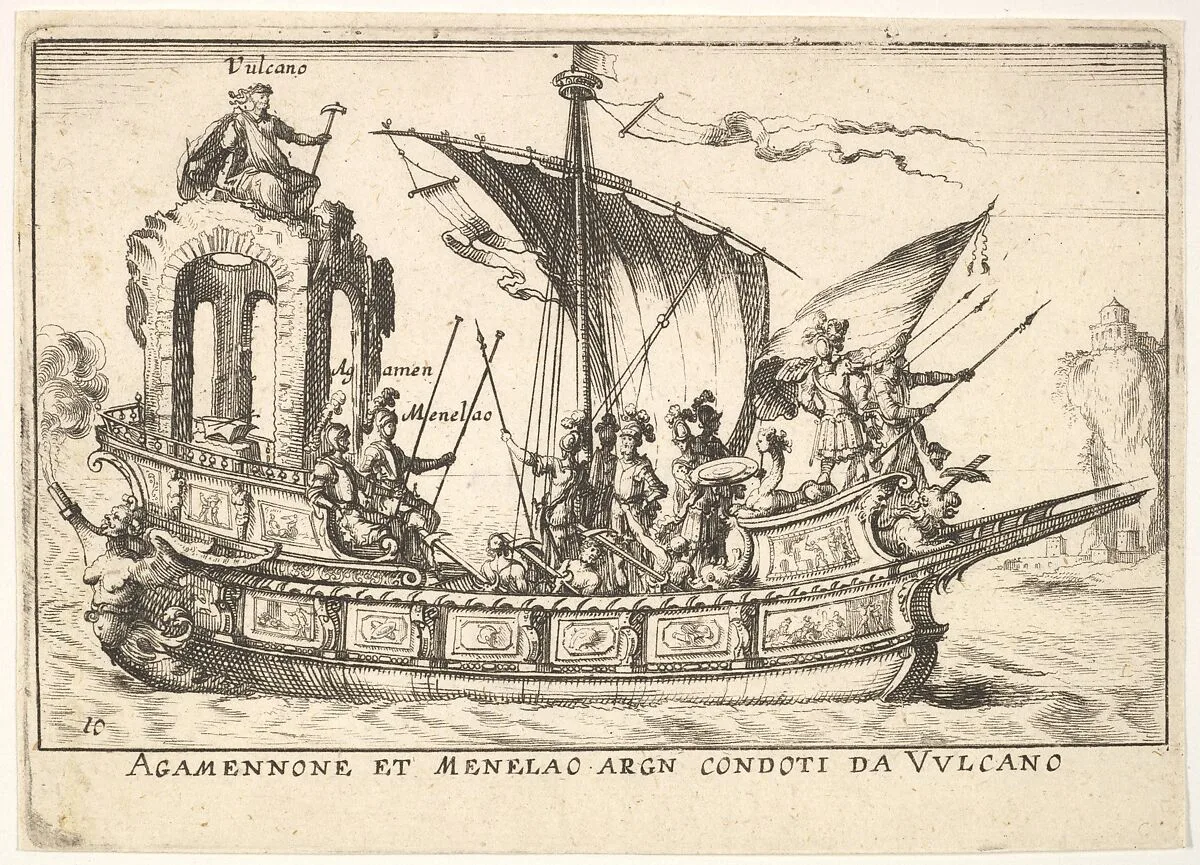 Plate 10: Agamemnon and Menelaus seated in a boat accompanied by other figures including Vulcan (Agamennone et Menelao Argn. condoti da Vulcano), from the series 'The magnificent pageant on the river Arno in Florence for the marriage of the Grand Duke' (Le Magnifique carousel fait sur le fleuve de l'Arne a Florence, pour le mariage du Grand Duc), for the wedding celebration of Cosimo de' Medici in Florence, 1608 — Jean Sauvé|Anonymous|Giulio Parigi|Remigio Cantagallina