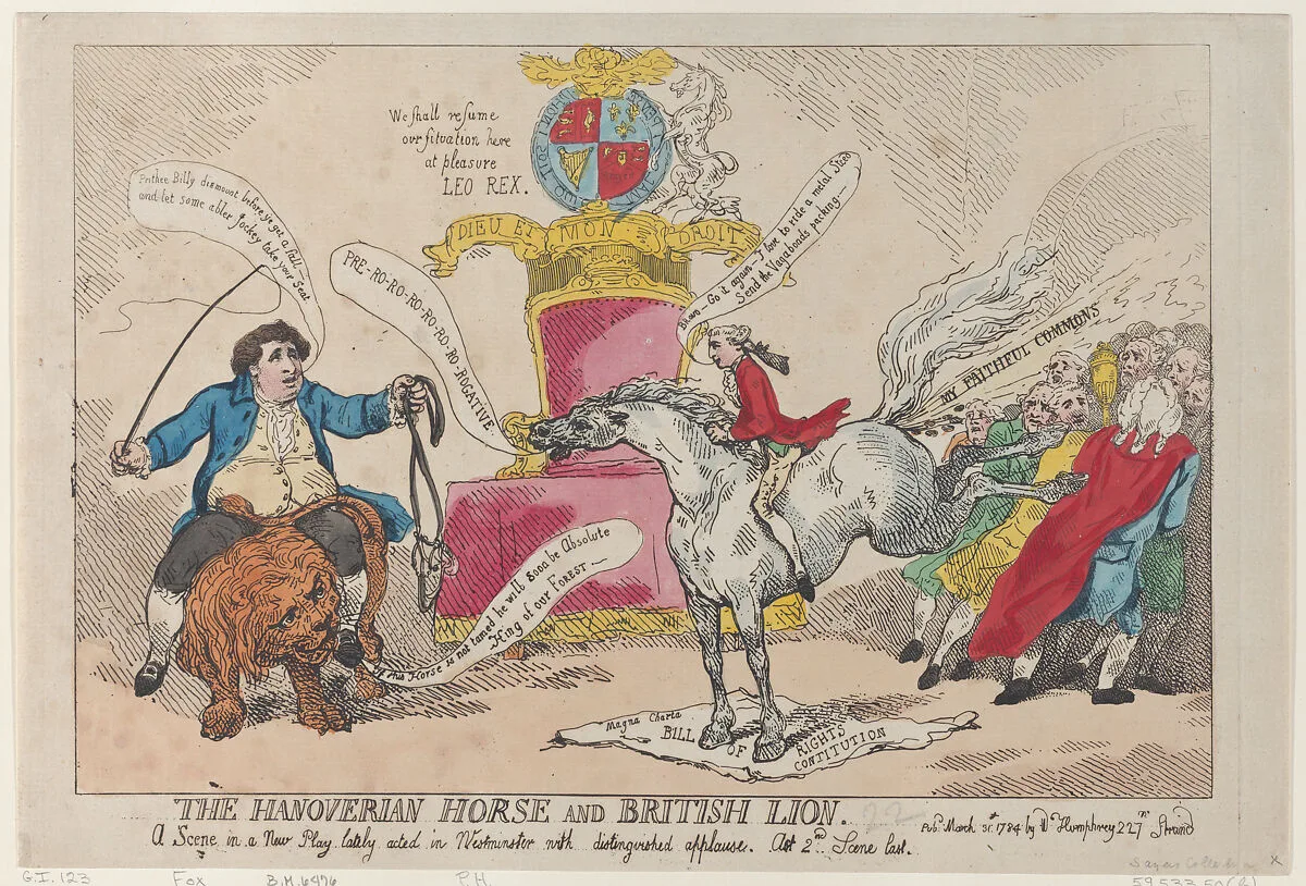 The Hanoverian Horse and British Lion — Charles James Fox|William Humphrey|Charles Wolfran Cornwall|Thomas Rowlandson|William Pitt