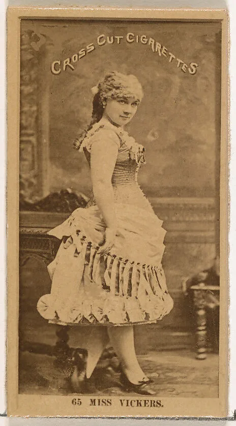 Card Number 65, Miss Mattie Vickers, from the Actors and Actresses series (N145-2) issued by Duke Sons & Co. to promote Cross Cut Cigarettes — W. Duke, Sons & Co.