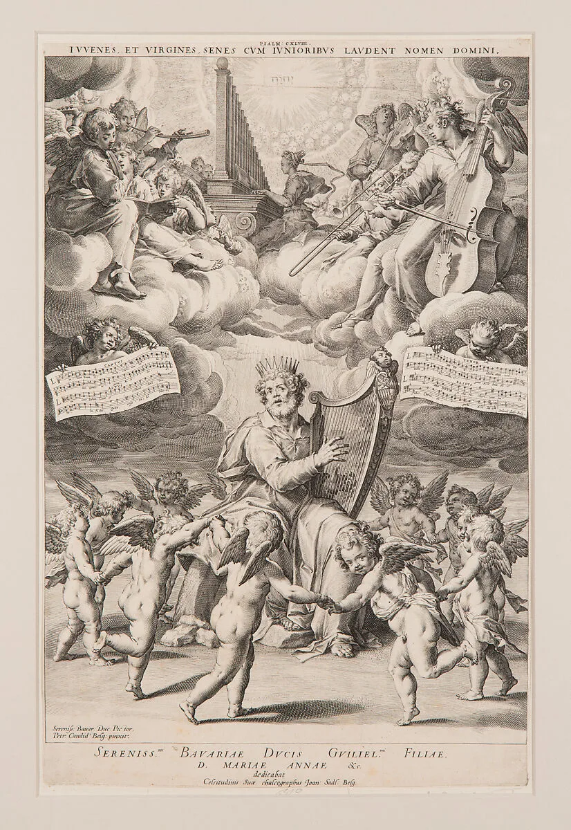 King David Playing the Harp with Angels Dancing and Playing Music — Peter Candid (Pieter de Witte, Pietro Candido)|Johann Sadeler I