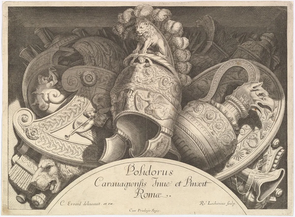 Divers Trophées (Weapon Trophies after the Façade of Palazzo Milesi in Rome) — Charles Errard le fils|Polidoro da Caravaggio|René Lochon