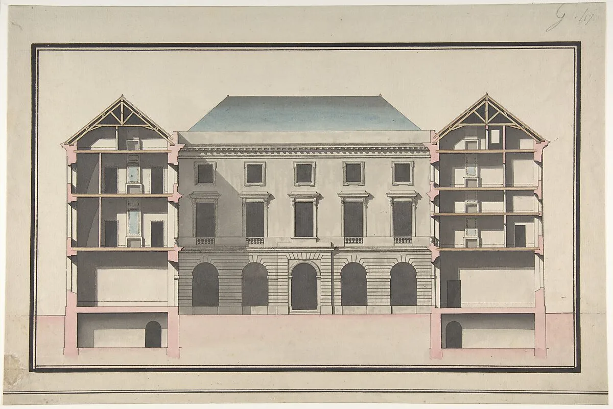Design for the Collège de France, Paris: Elevation of Court Front with Traverse Sections Through Side Court Wings — Jean François Chalgrin