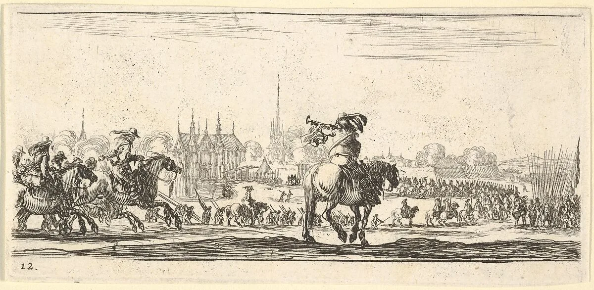 Plate 12: a procession of troops enter a city, horseman in center playing a trumpet towards the left, horsemen at left galloping towards the right, from 'Troops, cannons, and attacks on towns' (Dessins de quelques conduites de troupes, canons, et ataques de villes) — Stefano della Bella