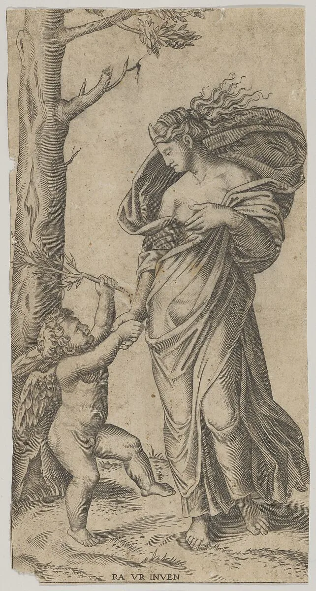 An allegory of Peace; Peace personified as a woman standing in a landscape holding the left hand of a winged genius — Anonymous|Marcantonio Raimondi