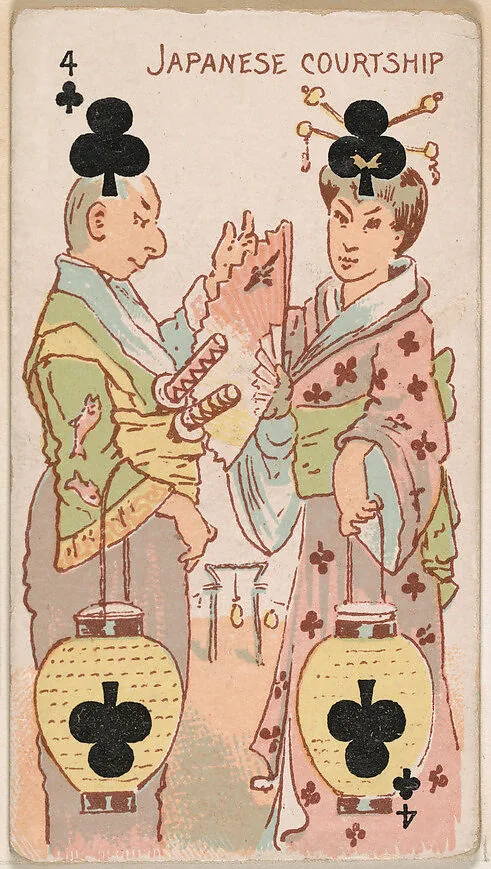 Four of Clubs, Japanese Courtship, from Harlequin Cards, 2nd Series (N220) issued by Kinney Bros. — Kinney Brothers Tobacco Company