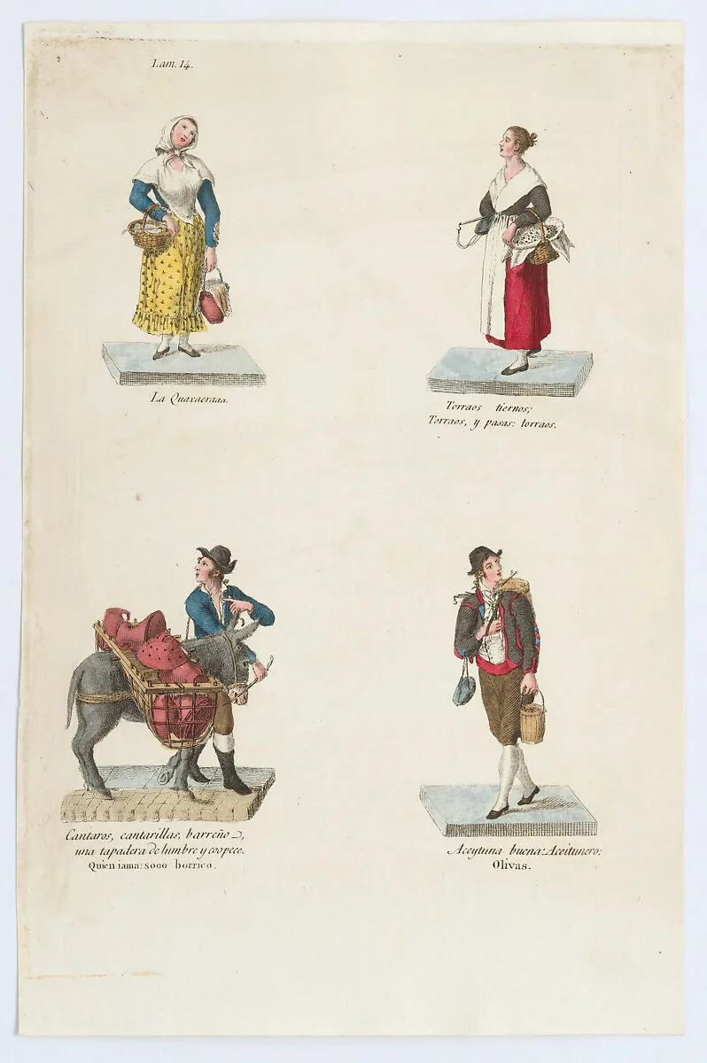 Plate 14: four street vendors from Madrid selling pots and pans, olives etc, from 'Los Gritos de Madrid' (The Cries of Madrid) — Imprenta Real, Madrid|Miguel Gamborino