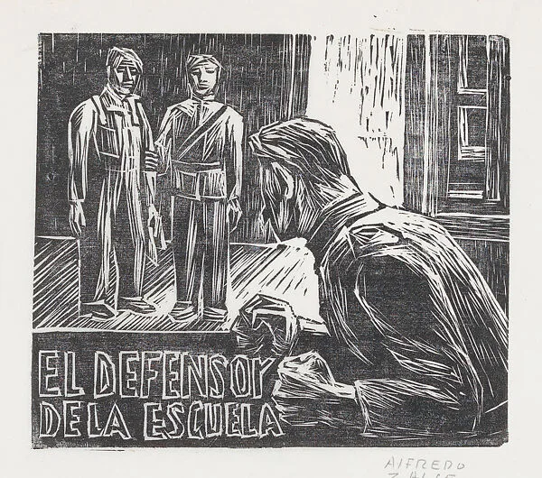 A man pounding his fists on a table while looking at two men standing near a doorway — Alfredo Zalce