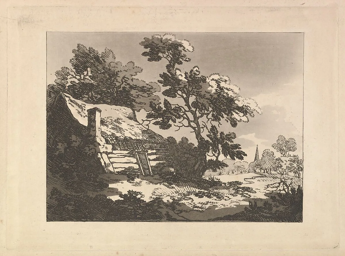 Landscape with Cottage Among Trees at Left, and a Distant Church Spire at Right — Thomas Rowlandson