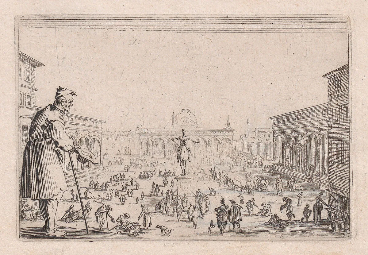 Le Marché de la Place de L'Annonciade a Florence (The Market in the Piazza della Annunziata in Florence), from Les Caprices Series B, The Nancy Set — Jacques Callot|Lorenzo de' Medici