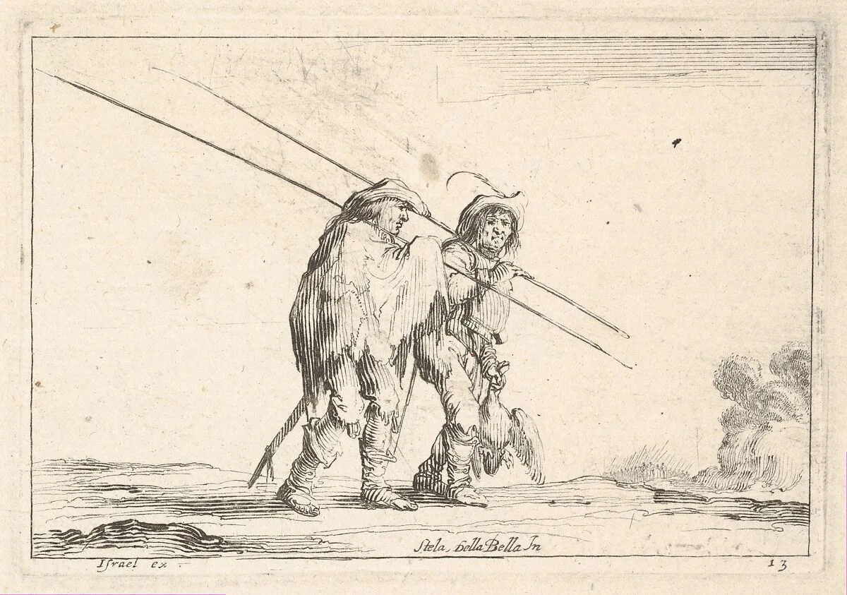 Plate 13: Two pikemen walking towards the right, each with their pikes in their right hands, from 'Various Figures' (Agréable diversité de figures) — Stefano della Bella|Israël Henriet|Claude Goyrand