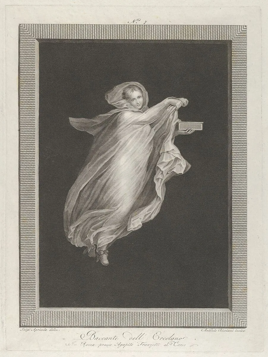 A bacchante wearing a hooded shawl and holding a box in her left hand, set against a black background inside a rectangular frame — Agapito Franzetti|Luigi Agricola|Antonio Ricciani