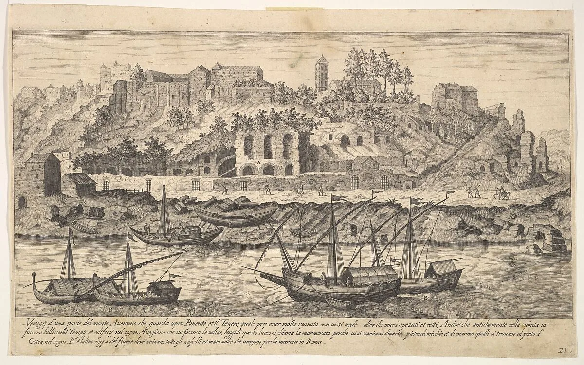 Plate 21: view from the west of ruins of the Aventine Hill, Rome, with boats on the river Tiber in the foreground, from the series 'Ruins of the antiquity of Rome, Tivoli, Pozzuoli, and other places' (Vestigi della antichità di Roma, Tivoli, Pozzvolo et altri luochi) — Aegidius Sadeler II|Etienne DuPérac