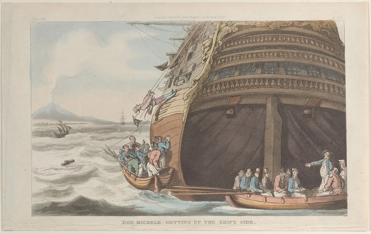 Don Michele Getting Up the Ship's Side — Rudolph Ackermann, London|Lewis Engelbach|Thomas Rowlandson