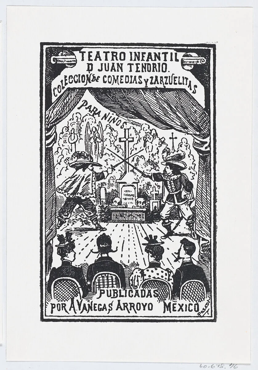 Two men dueling on a stage in front of an audience, illustration for 'Teatro Infantil de Juan Tendrio,' published by Antonio Vanegas Arroyo — José Sanchez|José Guadalupe Posada