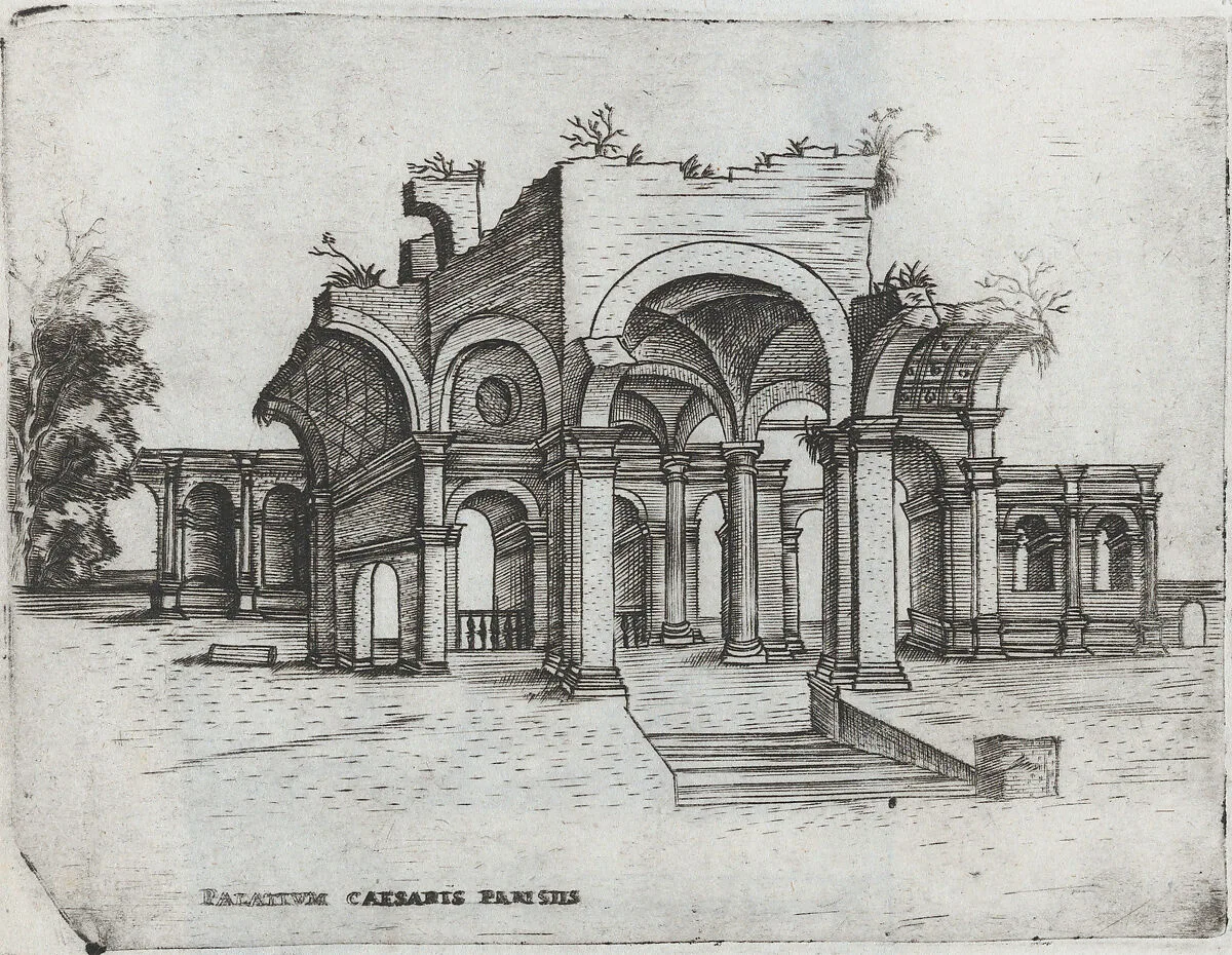 Mercurii Templum, from a Series of Prints depicting (reconstructed) Buildings from Roman Antiquity — Monogrammist G.A. & the Caltrop