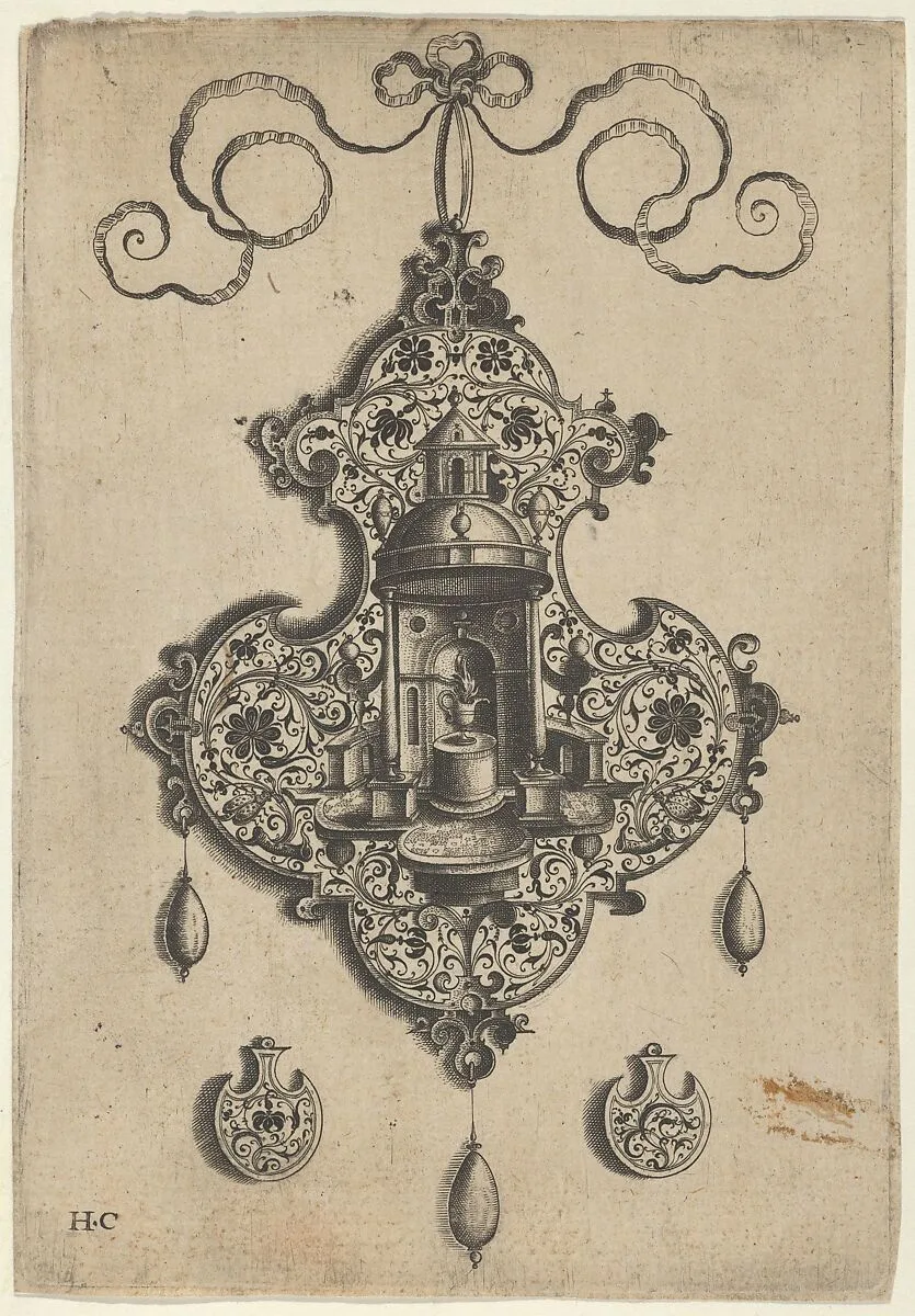 Pendant Design with a Circular Temple and Burning Pot Above Axe-Shaped Ornaments — Jan Collaert I|Hans Liefrinck