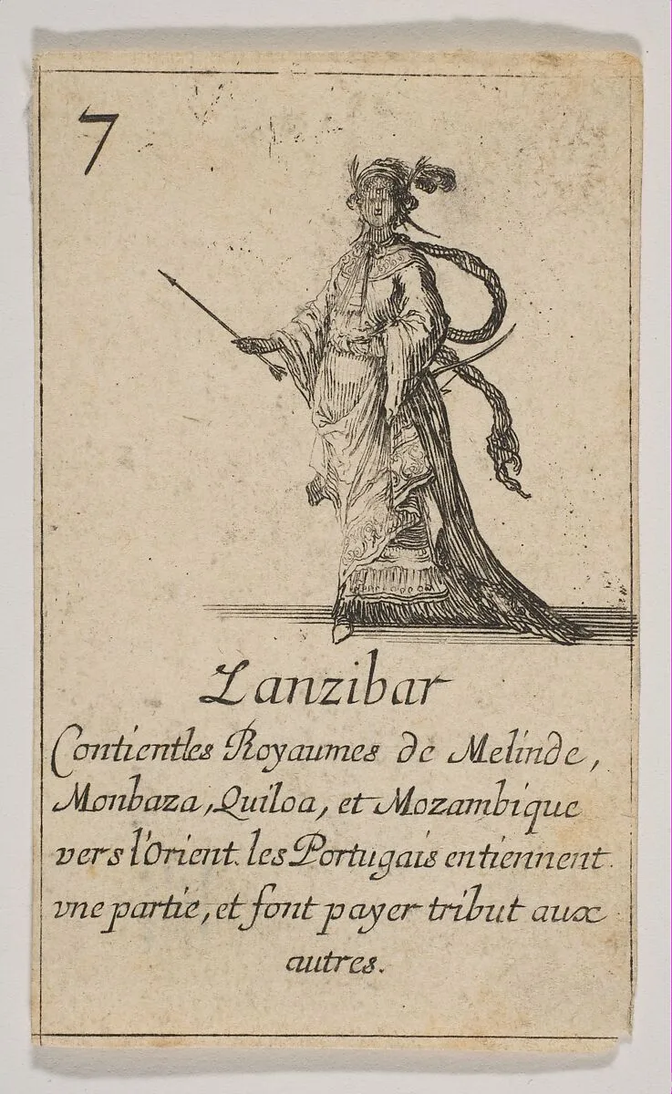Zanzibar, from "Jeu de la Géographie" — Stefano della Bella|Jean Desmarets de Saint-Sorlin|Henri Le Gras|Louis XVI, King of France|Cardinal Jules Mazarin