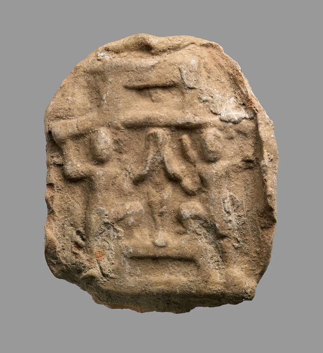 Ceramic imitation of bronze roller with two kilted figures — Unknown