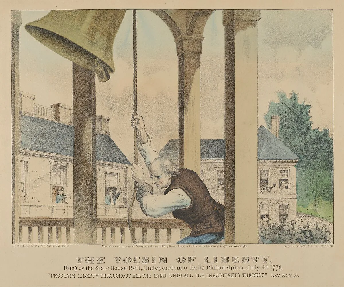 The Tocsin of Liberty–Rung by the State House Bell, (Independence Hall) Philadelphia, July 4th, 1776, "Proclaim liberty throughout all the land, unto all the inhabitants thereof" LEV.XXV.10. — Currier & Ives
