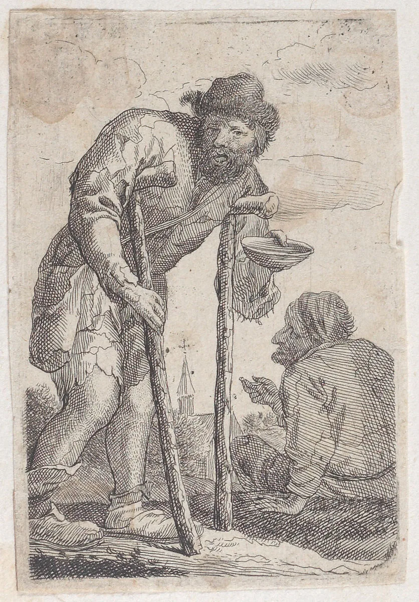 A beggar on crutches holding out a bowl — Jacques Dassonville