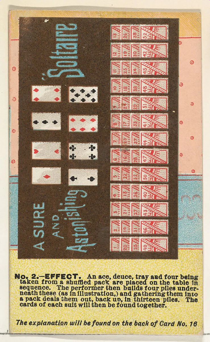 Number 2, A Sure and Astonishing Soltaire, from the Tricks with Cards series (N138) issued by W. Duke, Sons & Co. to promote Honest Long Cut Tobacco — W. Duke, Sons & Co.|The Giles Company