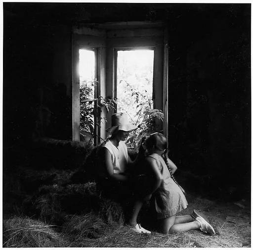 [Girl Kneeling, Looking Up at Mother Before Window]
