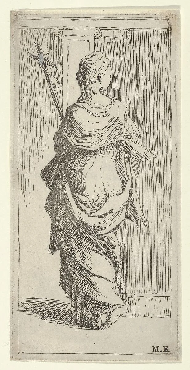 Girl carrying a crucifix and stepping toward a pilaster, seen from behind — Guido Reni|Parmigianino (Girolamo Francesco Maria Mazzola)