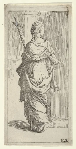 Girl carrying a crucifix and stepping toward a pilaster, seen from behind