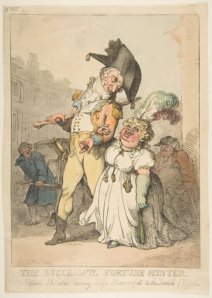The Successful Fortune Hunter, or Captain Shelalee Leading Miss Marrowfat to the Temple of Hymen — Thomas Rowlandson