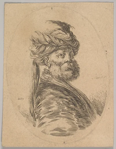 A Turkish man with a beard and turban with one long feather in front, turned three-quarters to the right, an oval composition, from 'Several heads in the Persian style' (Plusieurs têtes coiffées à la persienne)