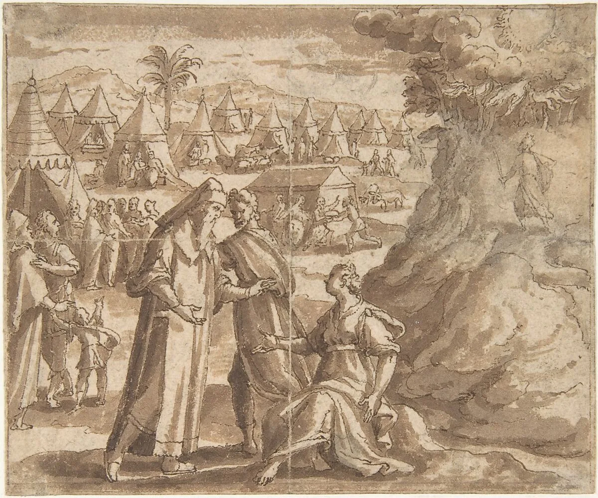 Aaron and Nadab Taking Leave of Elisheba (?), with the Israelites Camped before Mount Sinai and Moses Ascending the Mountain. — Adam van Noort