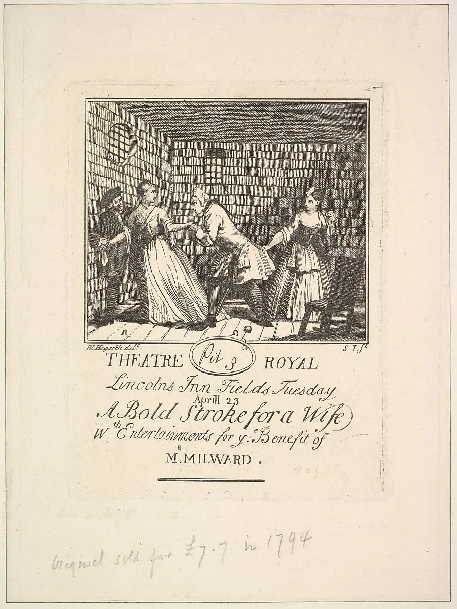 Benefit Ticket for Milward — William Milward|Susanna Centlivre|John Gay|William Hogarth|Samuel Ireland
