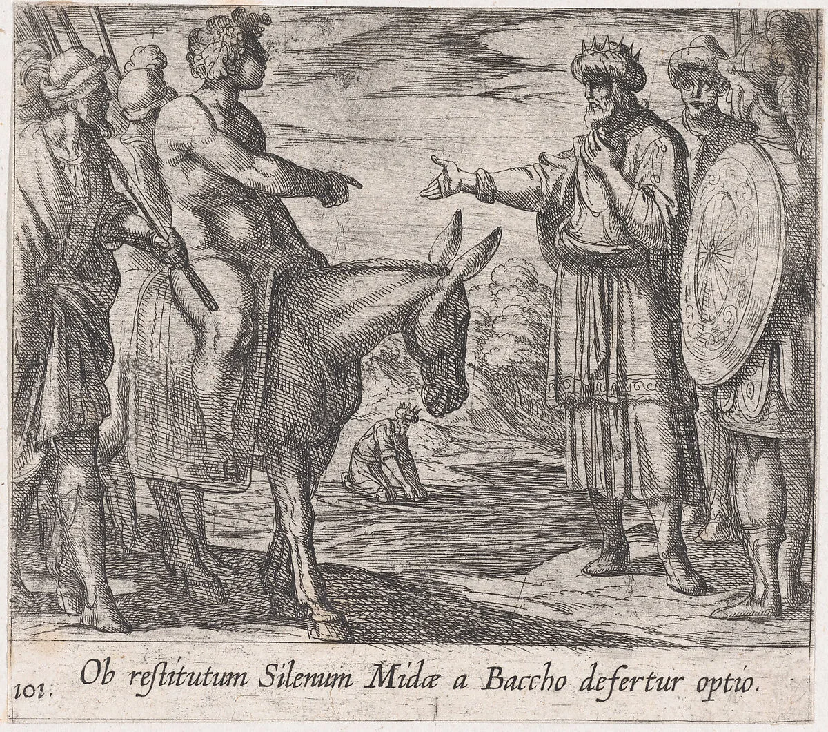 Plate 101: Bacchus Granting Midas's Wish (Ob restitutum Silenum Midae a Baccho Defertur optio), from Ovid's 'Metamorphoses' — Antonio Tempesta