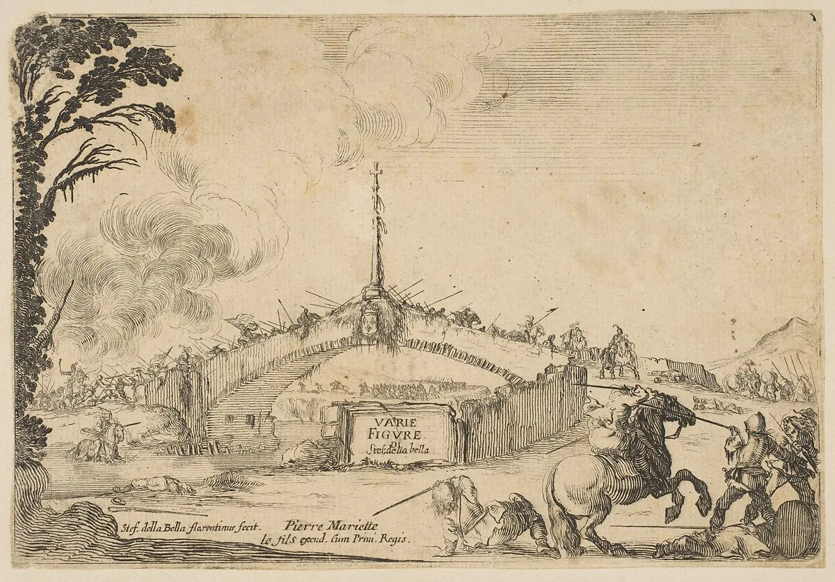Combat on a bridge, a horseman and two footsoldiers battle with swords at bottom right, one footsoldier on the ground to left of the horseman, various soldiers with swords on the bridge in the background, French coat of arms displayed in center of bridge, title page of "Varie figure" — Stefano della Bella|Pierre Mariette le fils