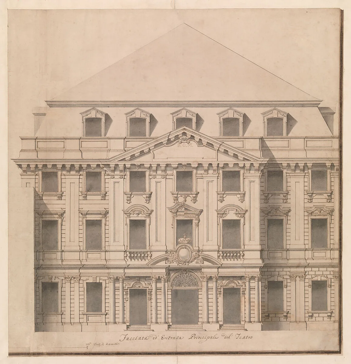 View of a Theater (Bayreuth): Exterior Elevation of the Facade; Central Portal Surmounted by Royal Crown — Giuseppe Galli Bibiena