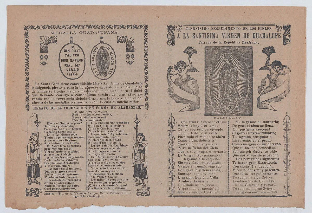 Broadsheet relating to the Virgin of Guadalupe who is shown flanked by angels — José Guadalupe Posada