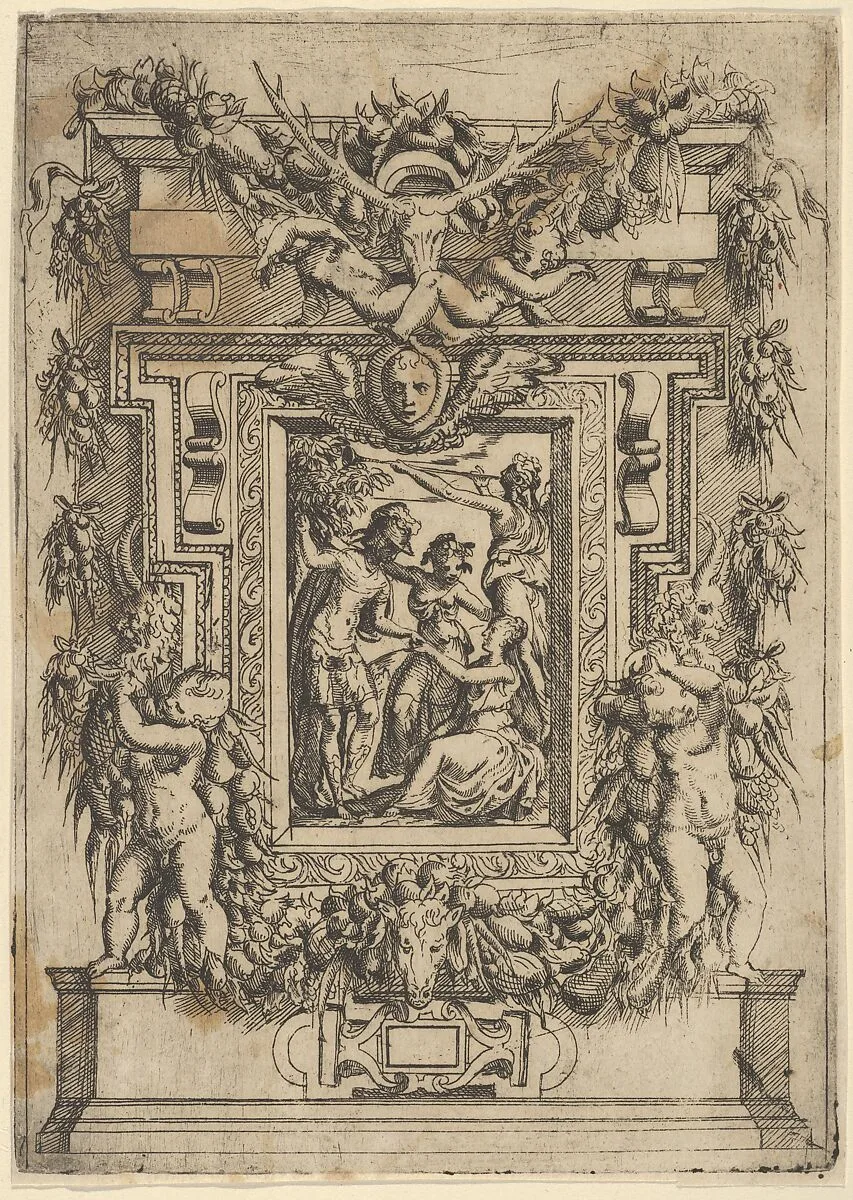 A young man offers his hand to a seated woman, another woman stands between them and a third blows a trumpet behind them, set within an elaborate frame — Andrea Schiavone (Andrea Meldola)|Battista Angolo del Moro|Jacques Androuet Du Cerceau