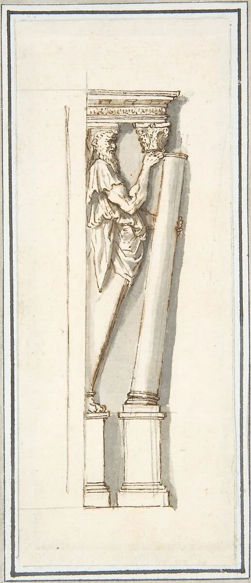 An Architectural Detail: A Herm Figure Placing or Removing a Column from Under an Entablature (after Stucco Frame by Daniele da Volterra from Orsini Chapel, Santa Trinità dei Monti) — Giovanni Larciani ("Master of the Kress Landscapes")