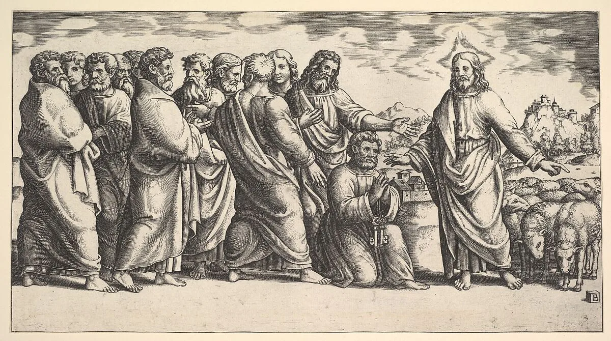 Christ standing at left indicating to a flock of sheep, before him kneels St. Peter holding the keys to the church, behind him to the left stand the Apostles — Master of the Die|Raphael (Raffaello Sanzio or Santi)