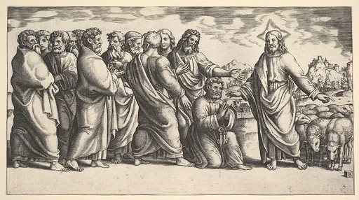 Christ standing at left indicating to a flock of sheep, before him kneels St. Peter holding the keys to the church, behind him to the left stand the Apostles