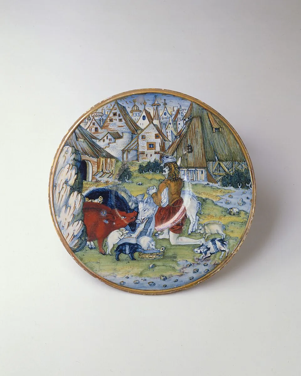 Plate (piatto): The Prodigal Son among the swine — Maestro Giorgio Andreoli