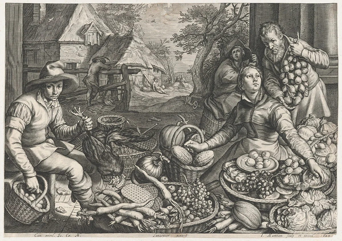 Market Scene, the Rest on the Flight into Egypt in the Background, from Kitchen and Market Scenes with Biblical Scenes in the Background — Pieter Aertsen|Jacob Matham